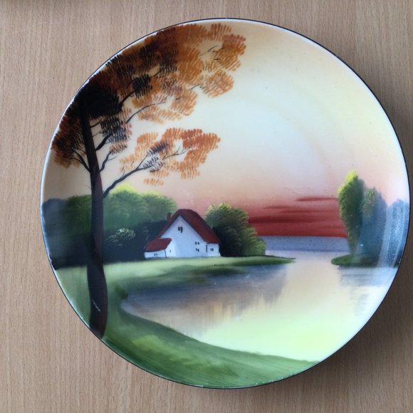 vintage Noritake red M hand painted plate red house tree landscape scene - Picture 3 of 7